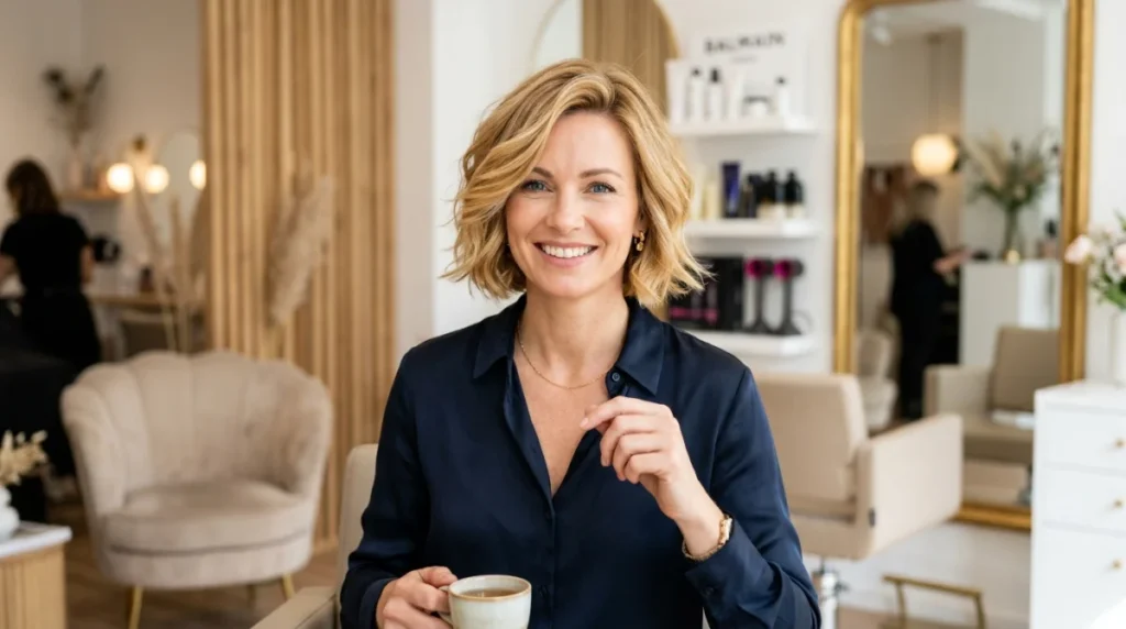 Femme de 40 ans élégante avec une coiffure moderne et flatteuse en salon de coiffure