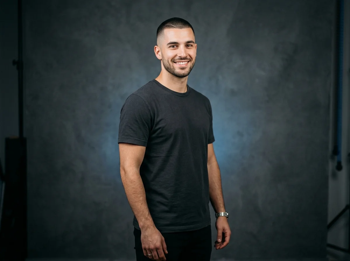 Homme jeune souriant, coupe de cheveux courte homme moderne, style épuré et confiant.