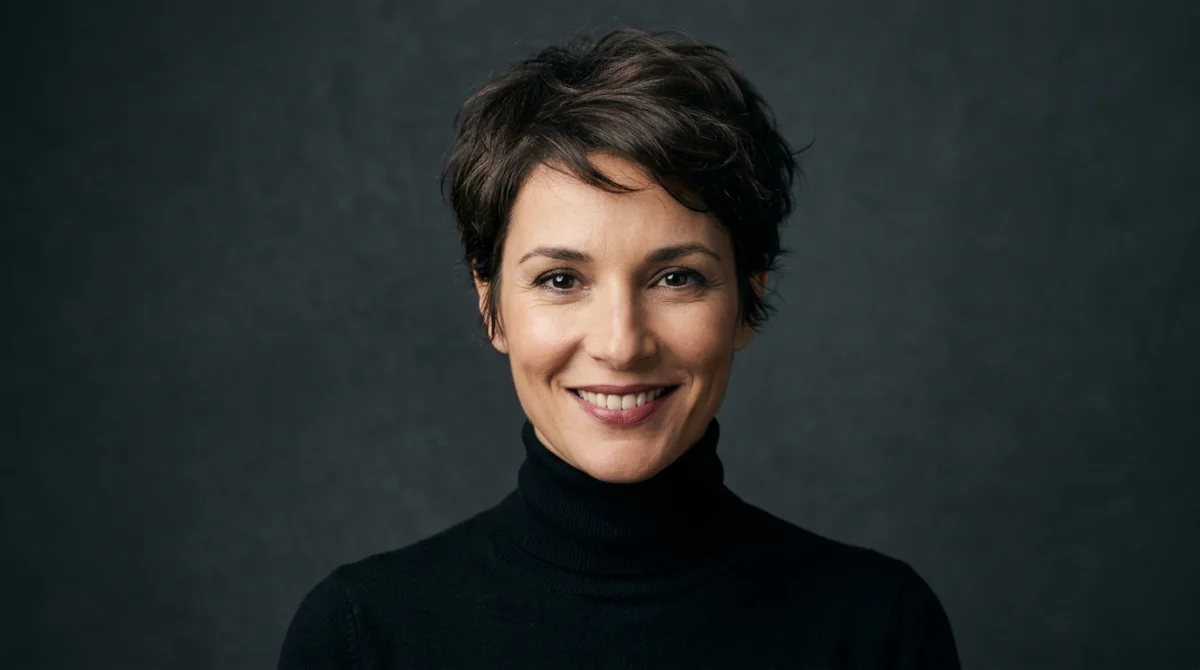 Coiffure courte pixie pour femme de 40 ans, souriante et confiante, style moderne et élégant.