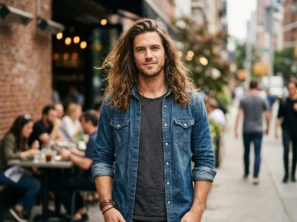 Homme charismatique aux cheveux longs, chemise en jean, style urbain décontracté