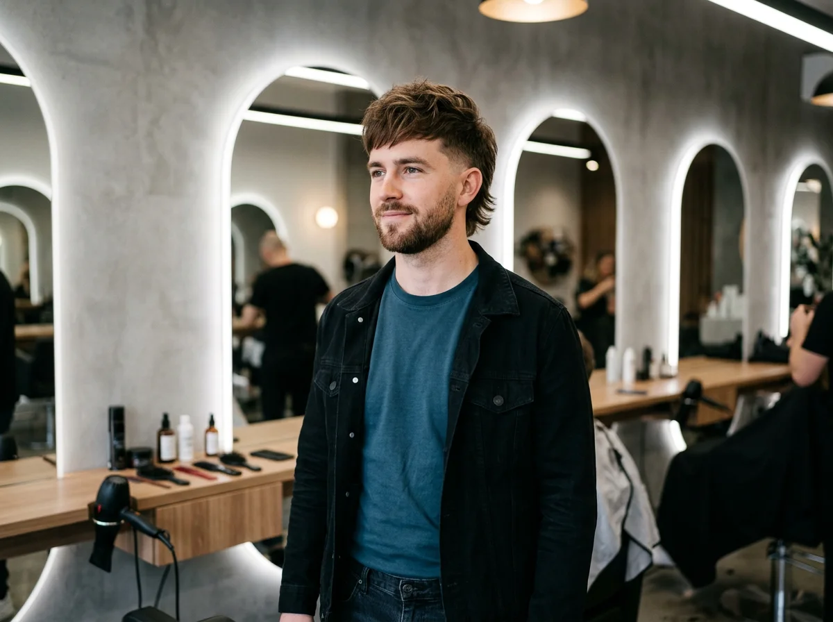 Homme jeune avec mulet court stylé dans un salon de coiffure moderne
