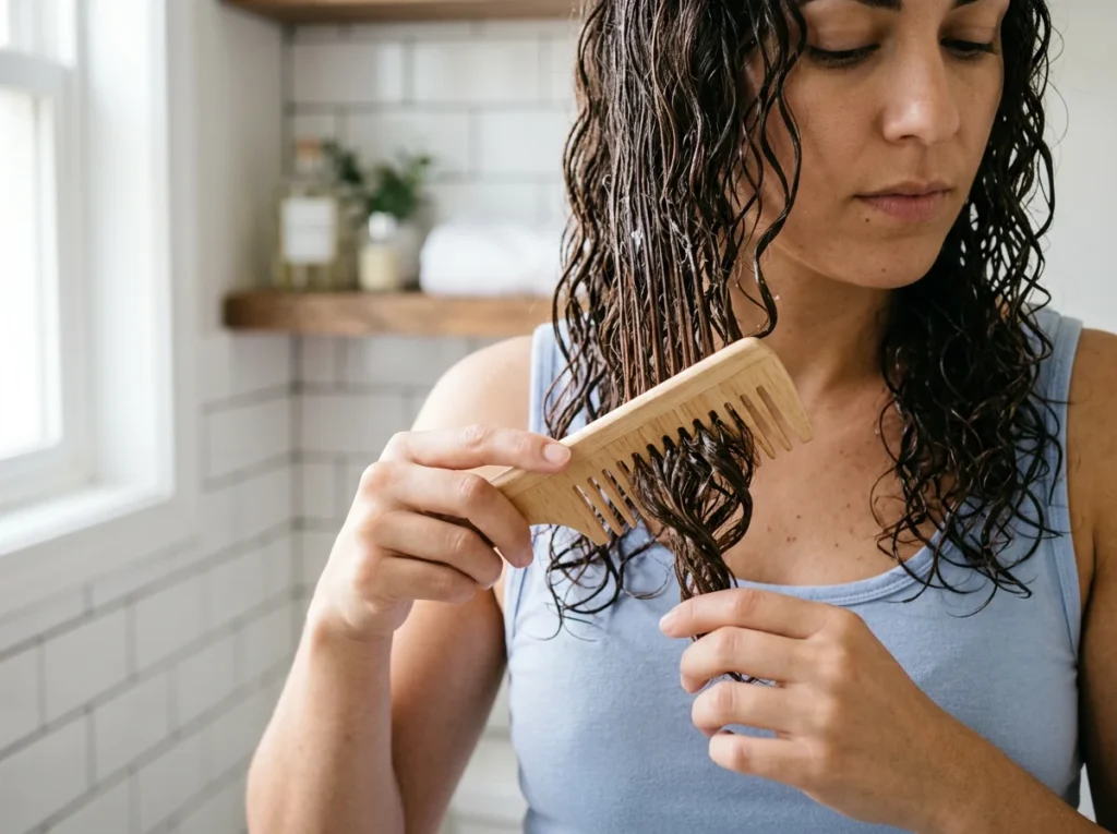 Femme démêlant ses cheveux bouclés humides avec un peigne à dents larges en bois.