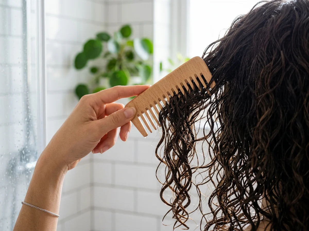 Main démêlant cheveux bouclés humides avec peigne à dents espacées, prévention casse.