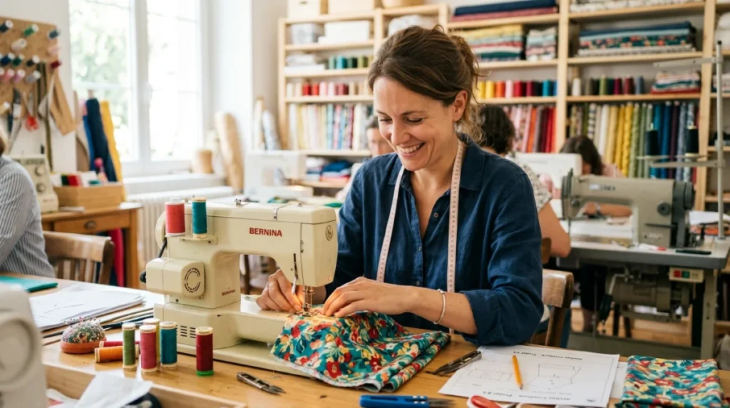 Femme souriante participant à un atelier de couture créatif Les Ateliers Léonie.