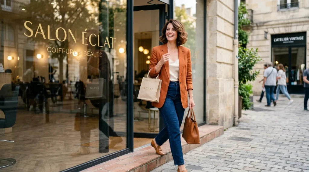 Femme confiante sortant du 83 coiffeur visagiste Nancy, satisfaite de sa nouvelle coiffure.
