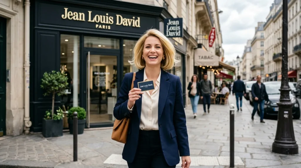 Femme souriante avec nouvelle coiffure devant le salon Jean Louis David Paris