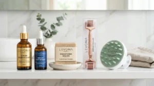 Produits capillaires Levona Paris : sérums, shampoing solide, derma roller et brosse massante.