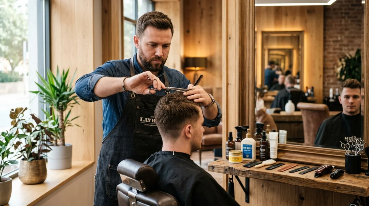Coiffeur expert Théo Martin barbier Montbéliard, coupe homme précise en salon moderne.