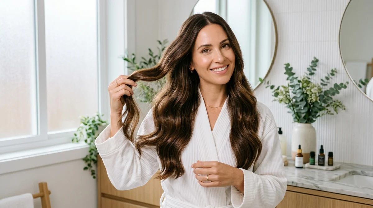 Femme aux cheveux longs et brillants montrant une mèche, salle de bain épurée, shampoing sans sulfate
