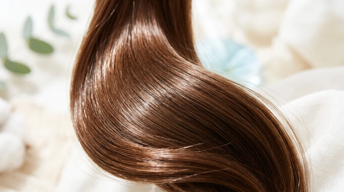 Cheveux brillants et sains, symbole d'un shampoing sans sulfate doux et efficace.