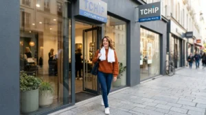 Femme satisfaite sortant d'un salon de coiffure Tchip moderne.