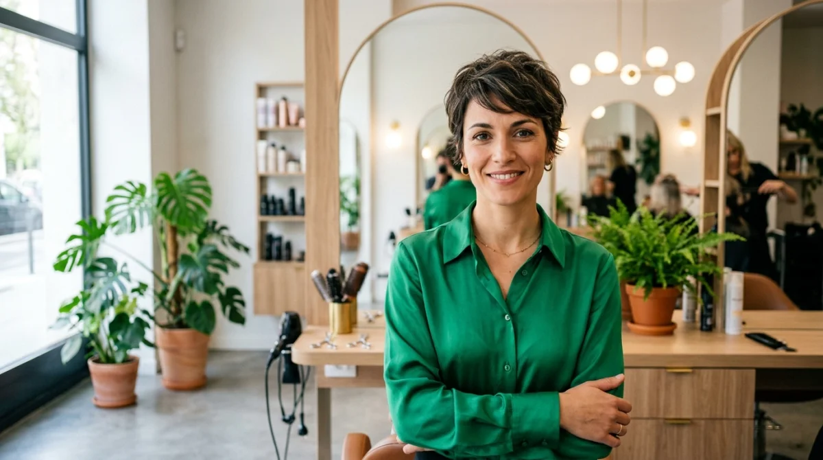 Femme confiante avec une coiffure à la garçonne moderne dans un salon lumineux.