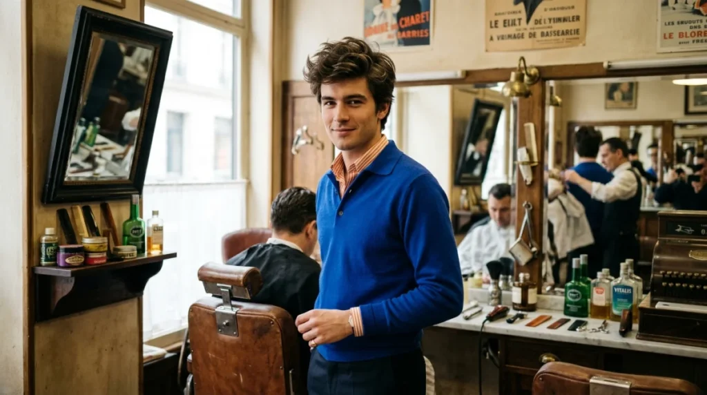 Coiffure homme année 60 : jeune homme stylé dans un salon vintage