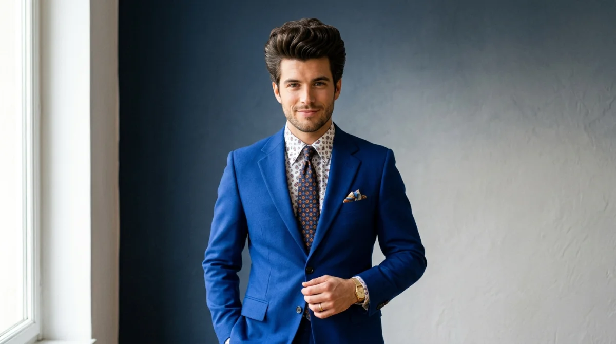 Coiffure homme année 60 : style volumineux et structuré sur fond bleu dégradé