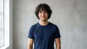 Homme souriant avec coupe cheveux bouclés homme naturelle et frange décontractée