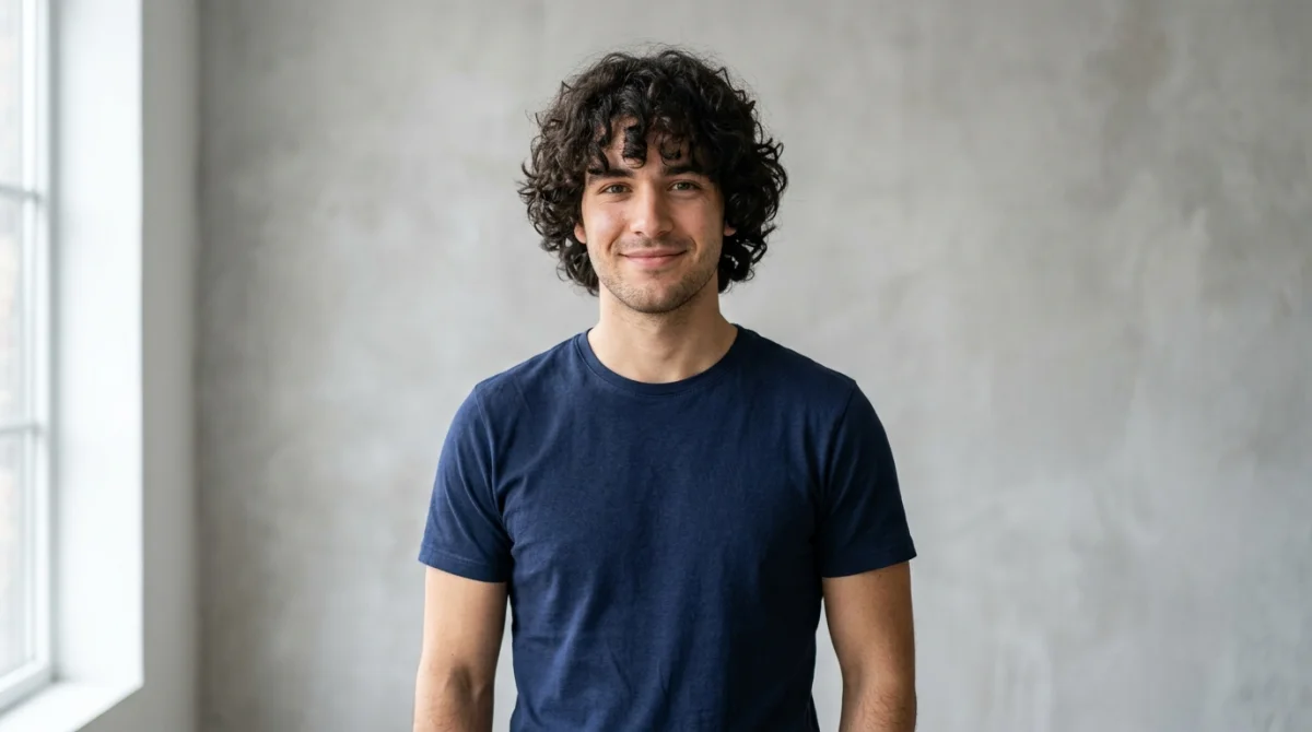 Homme souriant avec coupe cheveux bouclés homme naturelle et frange décontractée