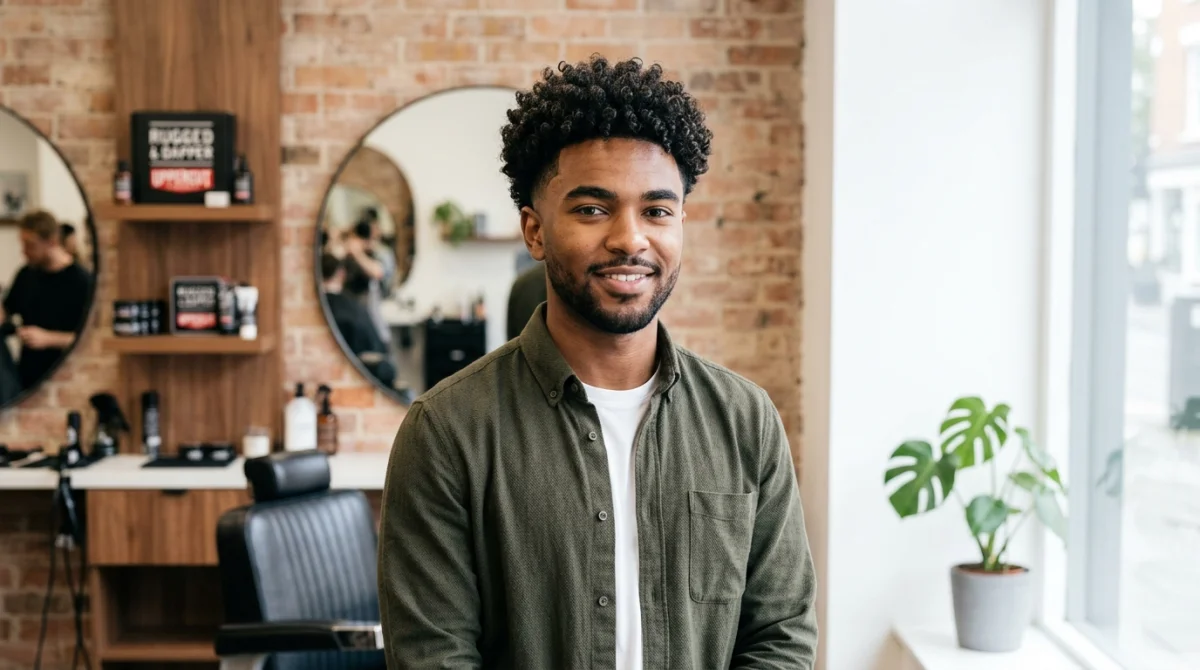 Homme aux cheveux bouclés stylisés en coupe taper fade dans un salon de coiffure moderne.