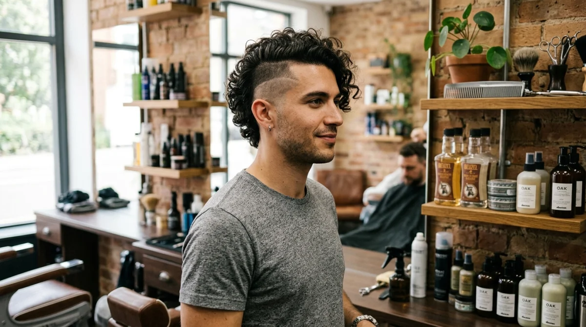 Homme avec coupe cheveux bouclés undercut, salon moderne, profil tendance