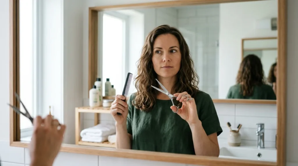Personne concentrée se coupant les cheveux seule avec ciseaux et peigne devant un miroir.