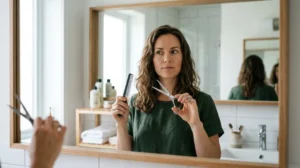 Personne concentrée se coupant les cheveux seule avec ciseaux et peigne devant un miroir.