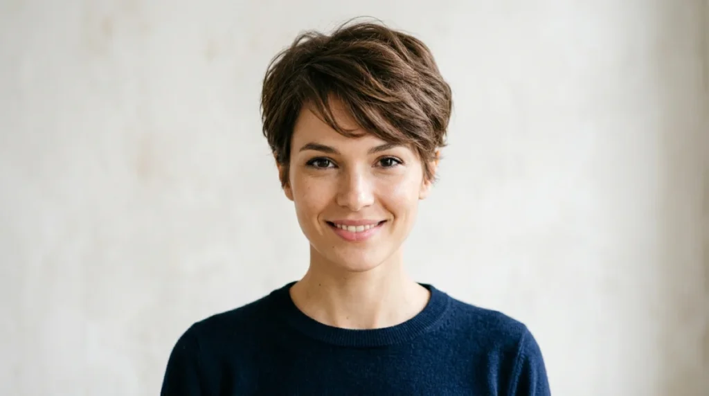 Femme moderne avec coupe à la garçonne élégante, mise en valeur par éclairage studio doux.