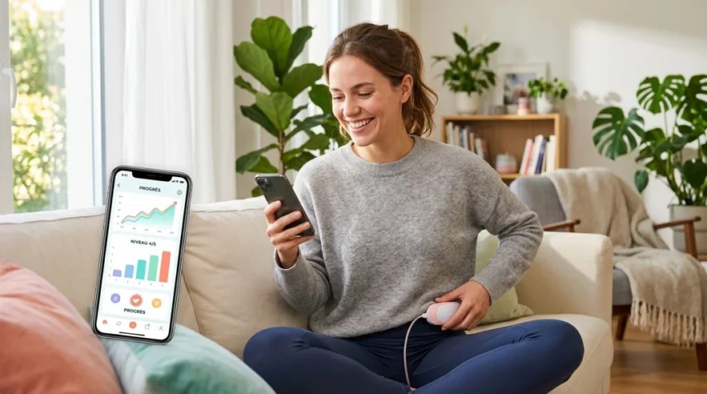 Femme souriante utilisant un appareil de rééducation périnéale connecté, suivant ses progrès sur smartphone.