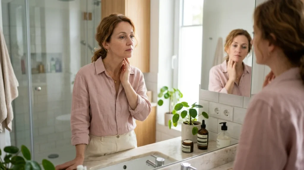 Femme déçue après séance HIFU, examinant son reflet dans un miroir.