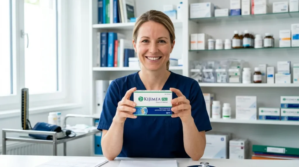 Femme souriante présentant une boîte de Kijimea dans un cabinet médical lumineux.