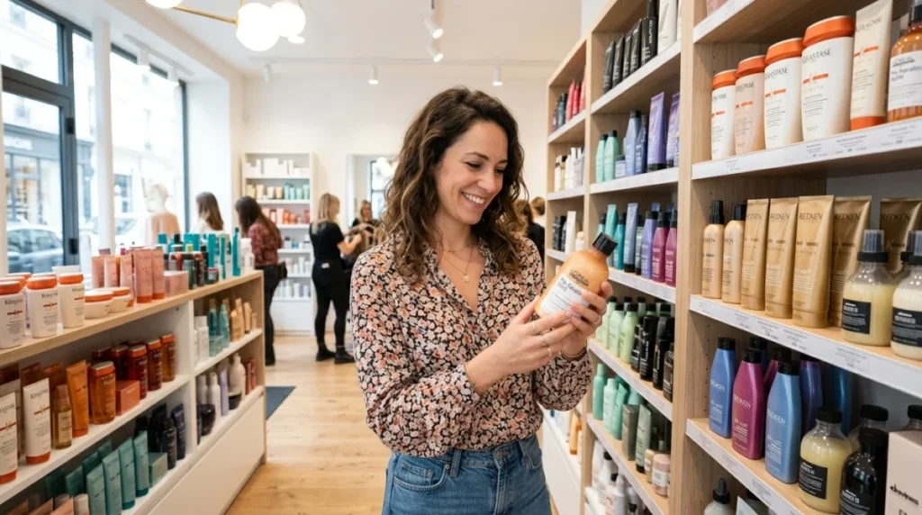 Cliente souriante choisissant un produit capillaire chez La Boutique du Coiffeur.