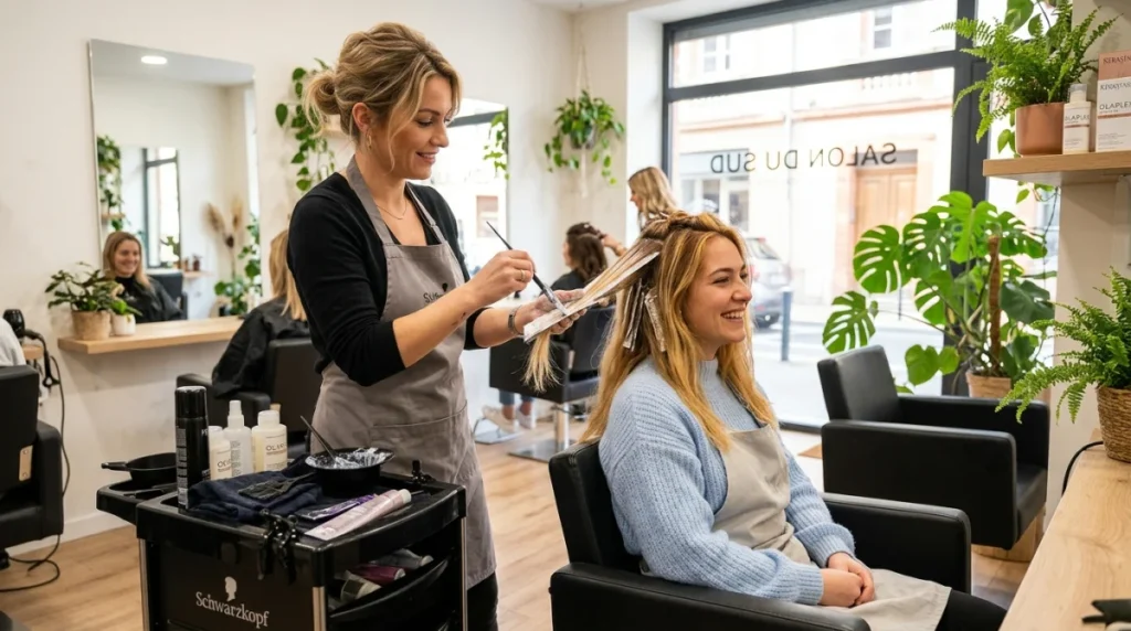 Coiffeuse experte réalisant un balayage sur une cliente souriante dans un salon de coiffure moderne à Toulouse.