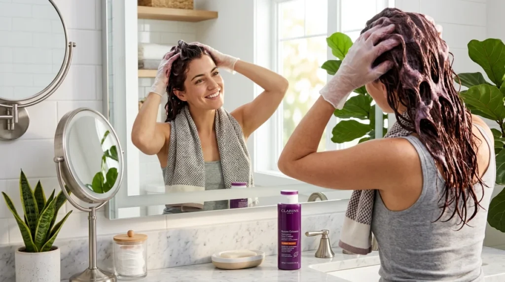 Femme souriante appliquant le shampoing colorant Novara dans une salle de bain moderne et lumineuse.