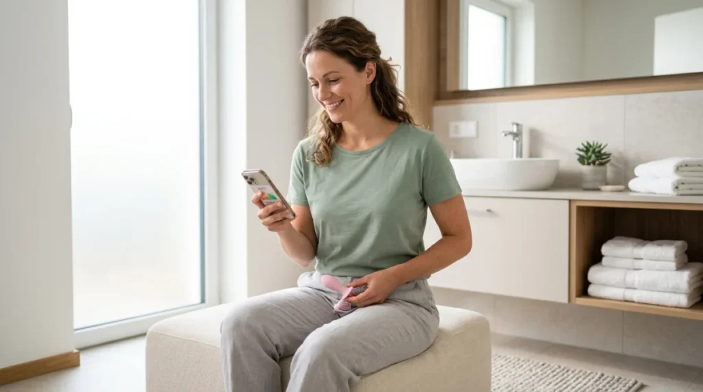 Femme utilisant Perifit Care+ en salle de bain, avis positif sur l'appareil de rééducation périnéale