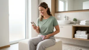 Femme utilisant Perifit Care+ en salle de bain, avis positif sur l'appareil de rééducation périnéale