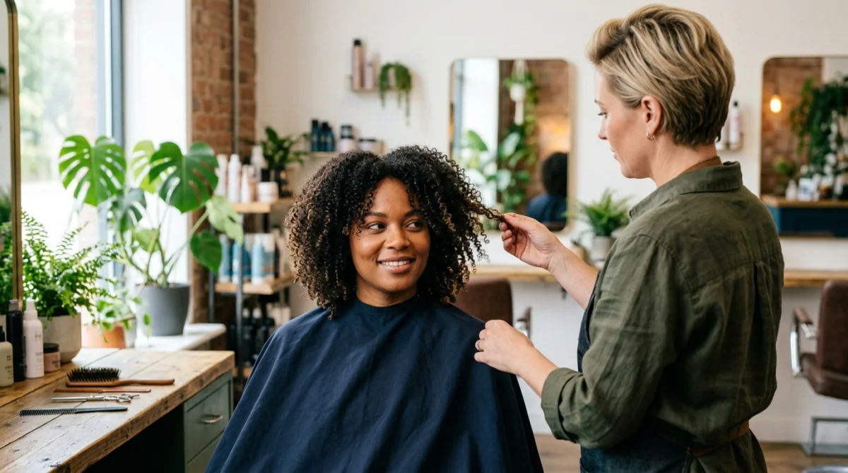 Coiffeuse expertisant les cheveux bouclés naturels d'une cliente en salon de coiffure moderne.