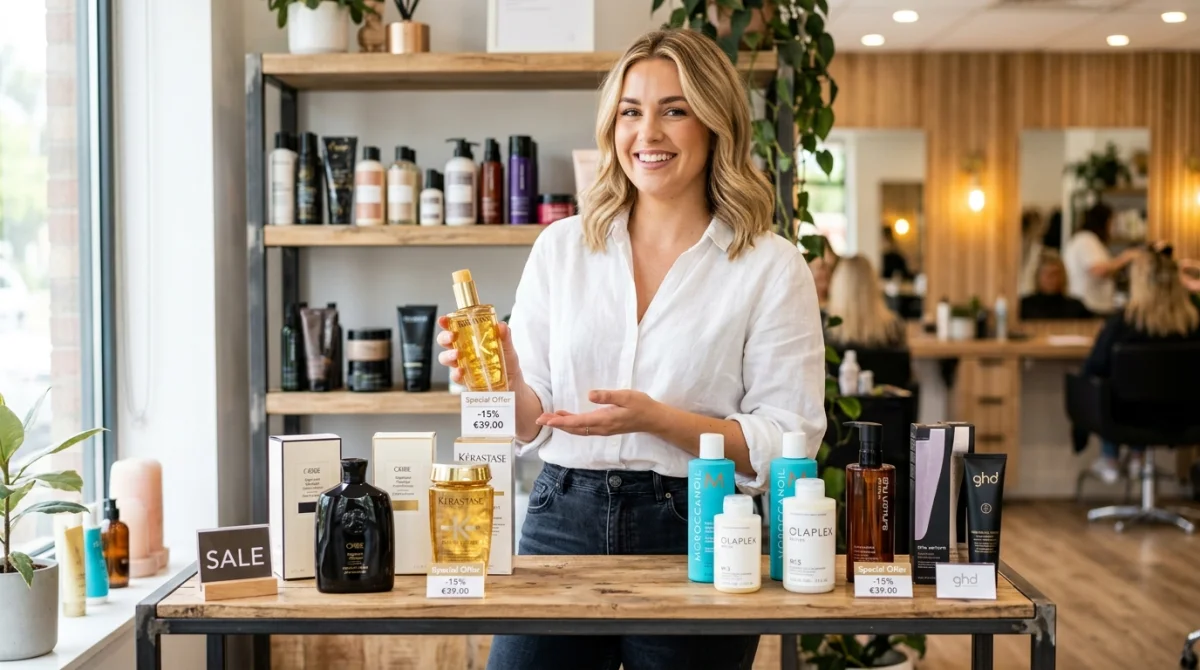 Coiffeuse souriante présentant des produits de coiffure haut de gamme en promotion sur la plateforme du coiffeur.