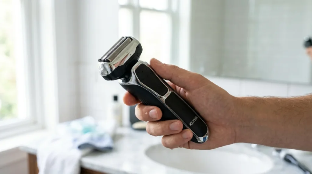 Rasoir électrique Klyne moderne tenu dans une main dans une salle de bain propre