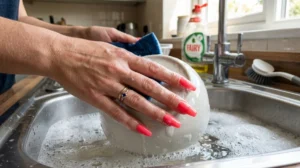 Main féminine avec ongles Roxy Nails vibrants lavant la vaisselle dans un évier moderne.