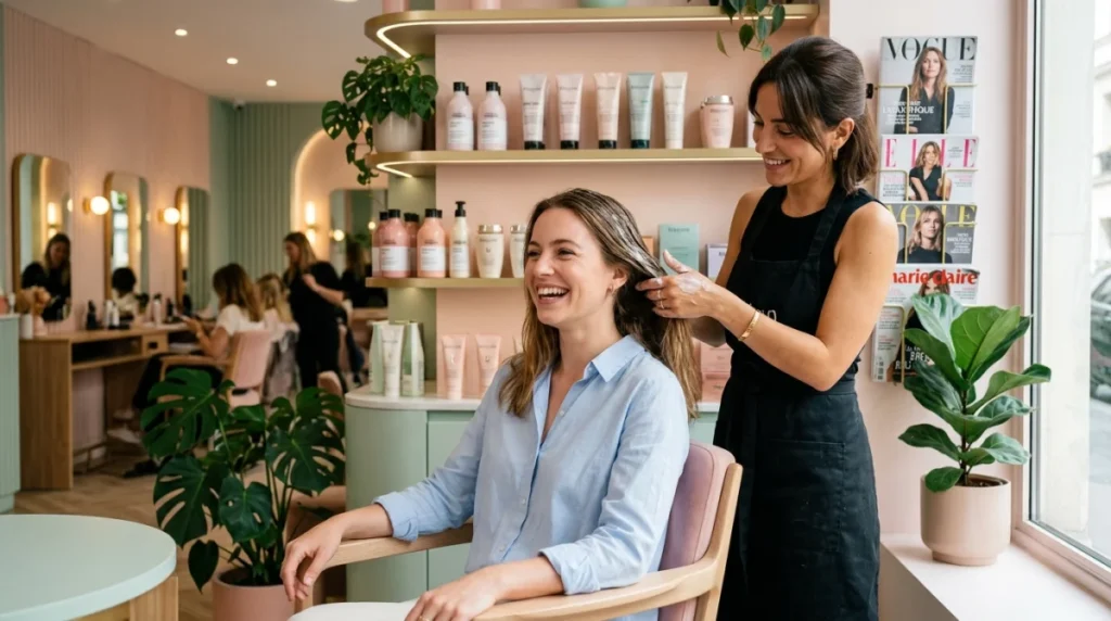 Coiffeur Saint Algue Paris : soin capillaire relaxant pour cliente souriante en salon chic