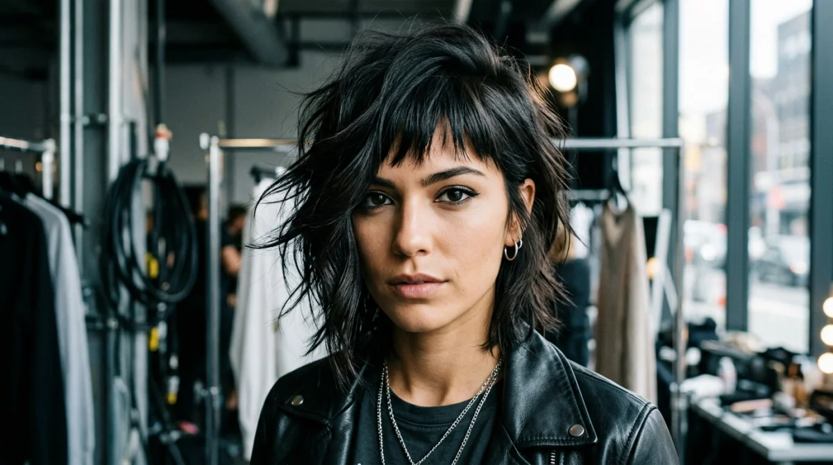 Portrait d'une femme au regard affirmé arborant une coiffure rock moderne avec frange effilée et mèche asymétrique structurée.