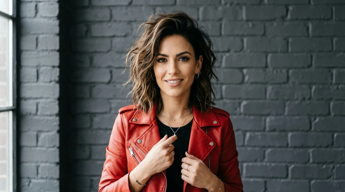 Femme charismatique portant une coiffure rock texturée et une veste en cuir rouge dans un studio urbain.