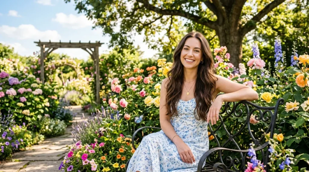 Femme aux longs cheveux soyeux dans un jardin ensoleillé, robe d'été florale.