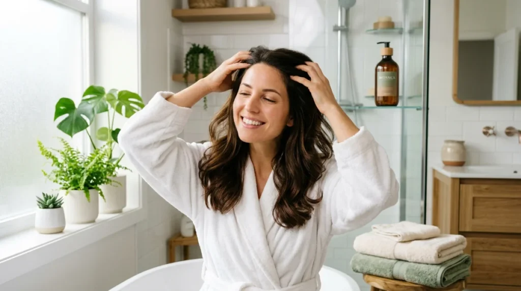 Femme souriante appliquant un shampooing anti pelliculaire sur cheveux sains dans une salle de bain moderne.