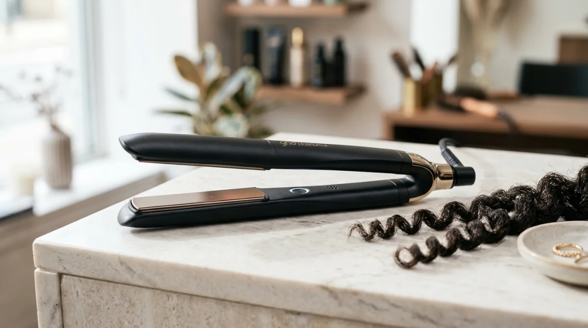 Fer à lisser professionnel pour cheveux crépus, design élégant et efficace.