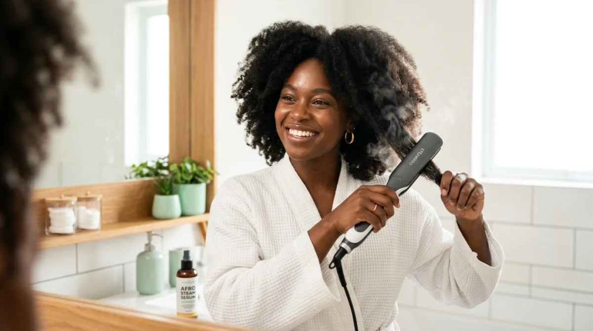 Femme souriante aux cheveux crépus épais utilisant un fer à lisser à vapeur en salle de bain moderne.