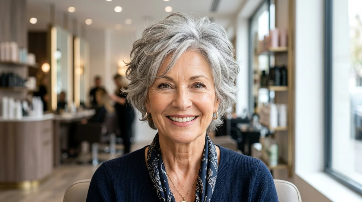 Femme élégante de 70 ans portant une coupe courte dégradée moderne et volumineuse dans un salon lumineux.