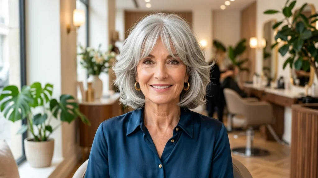 Femme élégante de 70 ans arborant une coupe moderne avec frange rideau dans un salon de coiffure chic.