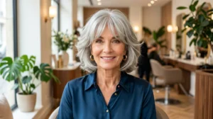 Femme élégante de 70 ans arborant une coupe moderne avec frange rideau dans un salon de coiffure chic.