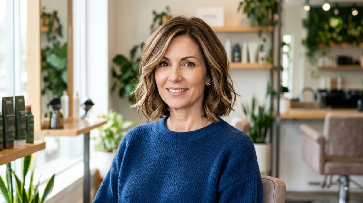 Femme élégante de 50 ans avec une coupe au carré moderne lors d'un relooking coiffure en salon lumineux.