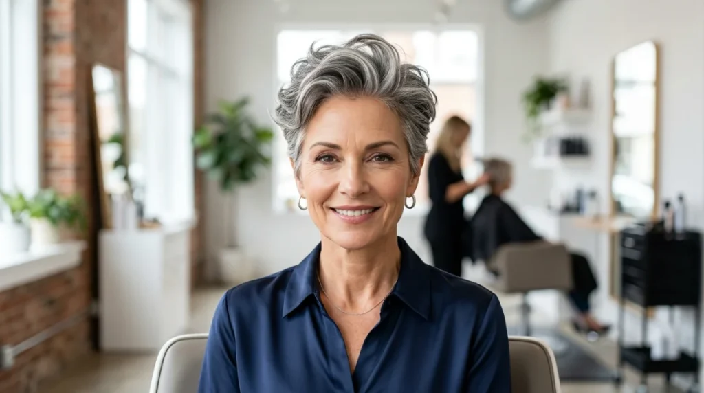 Femme élégante de 50 ans arborant une coupe courte structurée et moderne pour un relooking coiffure réussi.