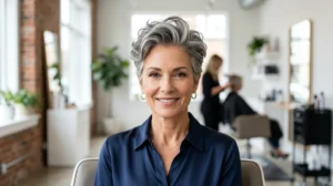 Femme élégante de 50 ans arborant une coupe courte structurée et moderne pour un relooking coiffure réussi.